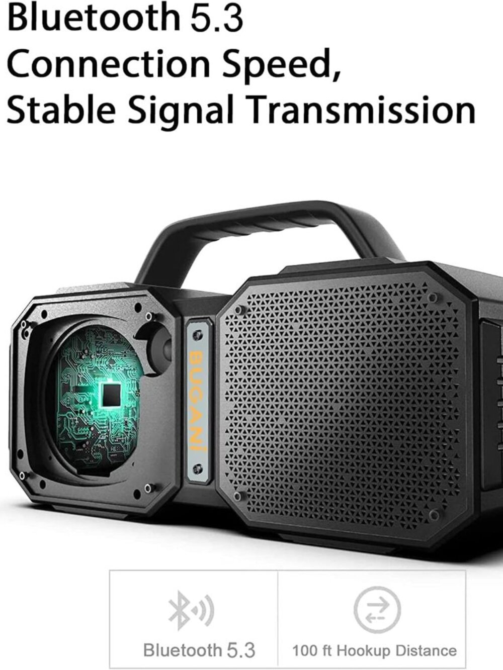 BUGANI Shock Bluetooth Speaker, Portable Bluetooth 5.3, Waterproof, 60W